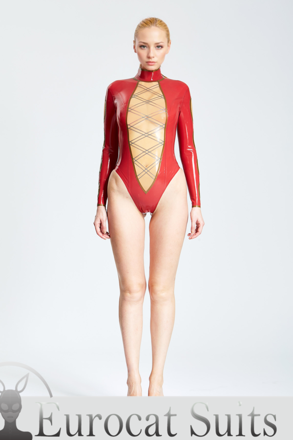 latex female Criss-crossed Long-Sleeved Leotard