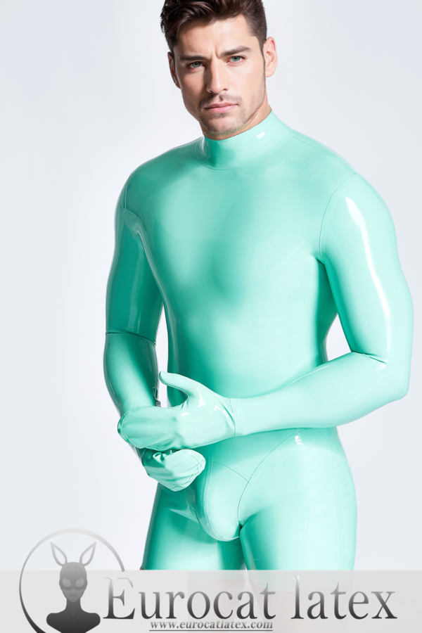 latex Male Mitten-Sleeved Neck Entry Short Catsuit