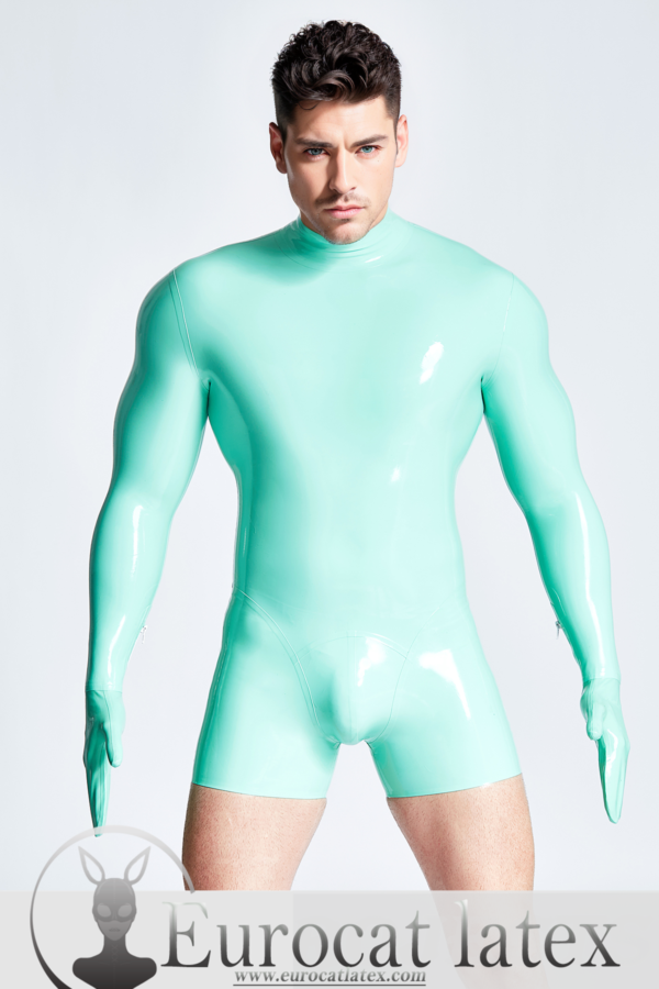 latex Male Mitten-Sleeved Neck Entry Short Catsuit