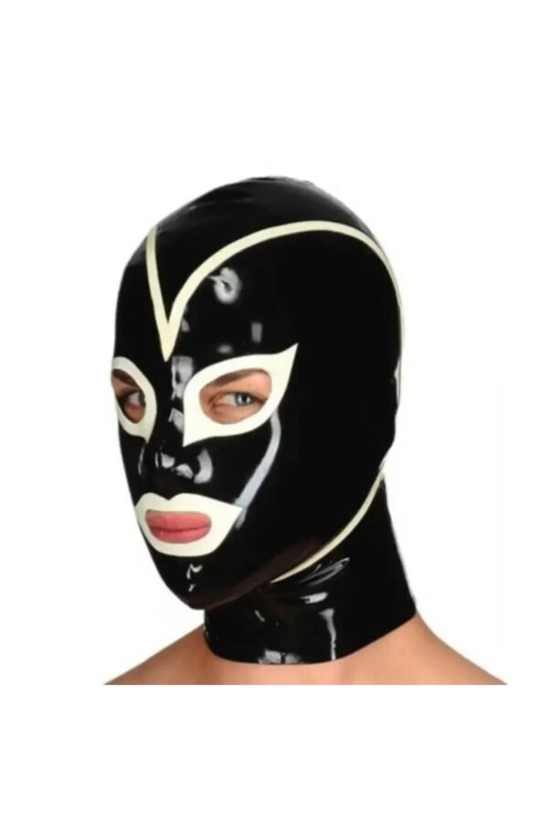 Latex hood in black and white with rear zipper