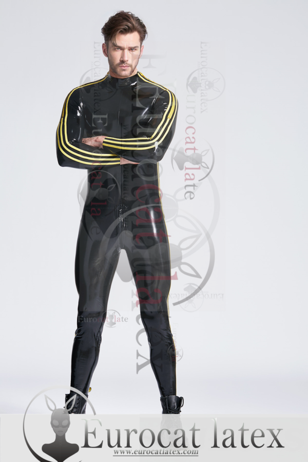 eurocat latex Male 'Triple-Striper' Shoulder-Zipper Catsuit