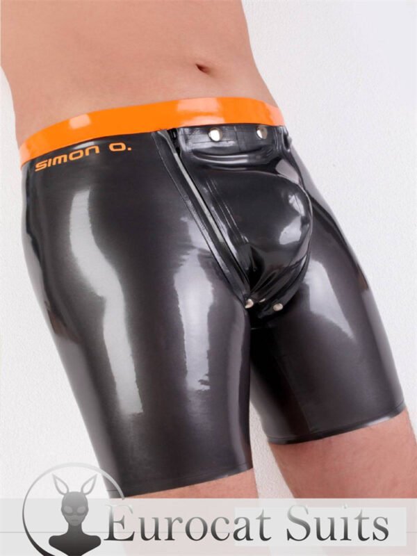 Latex short men pants rubber trousers Pants with Condom Behind the Codpiece