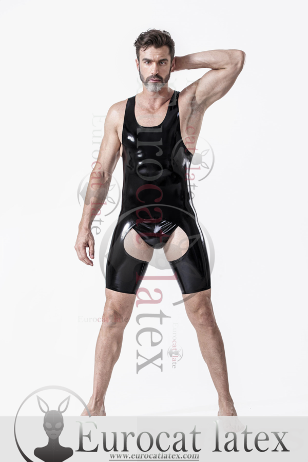 latex Male Open-Crotch Y-Strapped Singlet Suit