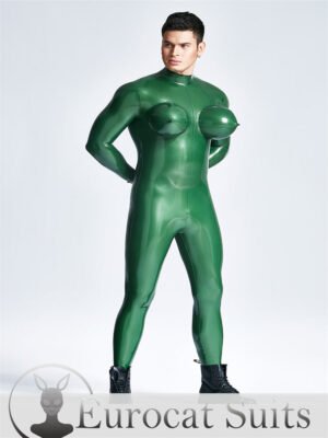 Latex Sexy Male Inflated Boobs Catsuit main color is Metallic Green