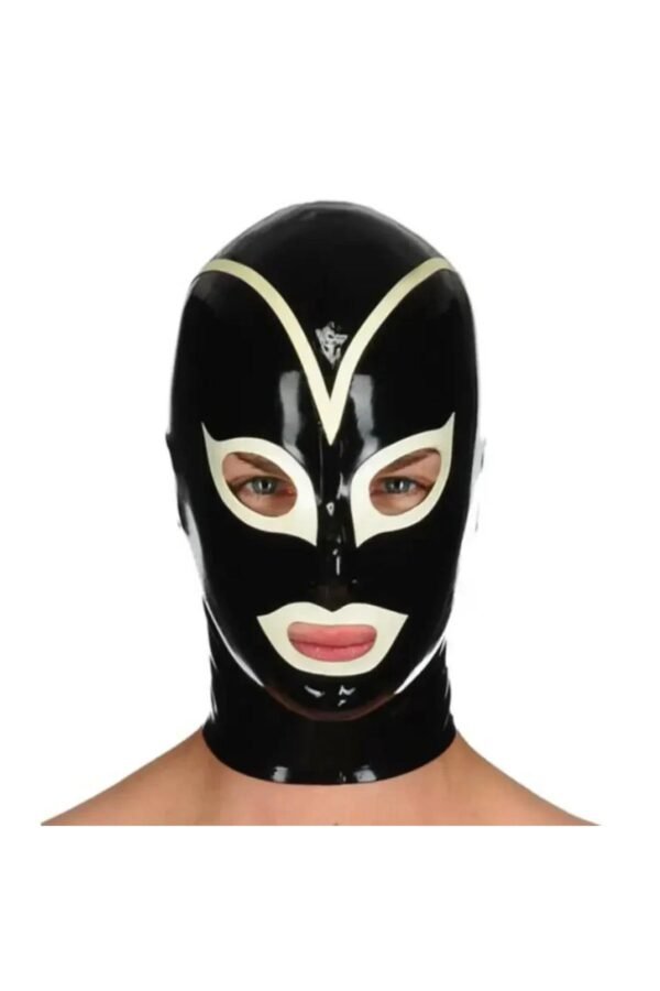Latex hood in black and white with rear zipper