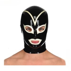 Latex Hood Mask Open Eyes and Mouth Withe Trim with Zipper for Catsuit Cosplay