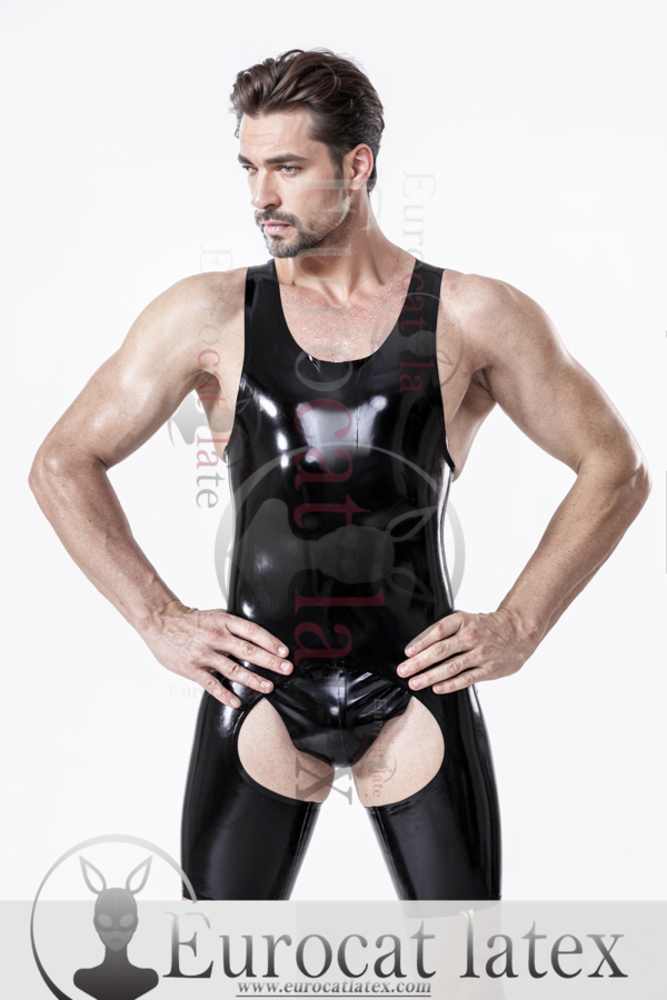 latex Male Open-Crotch Y-Strapped Singlet Suit