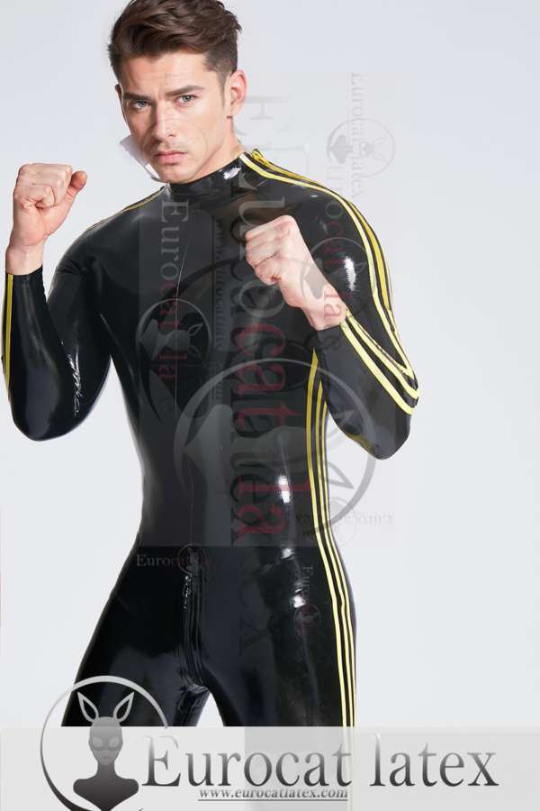 eurocat latex Male 'Triple-Striper' Shoulder-Zipper Catsuit