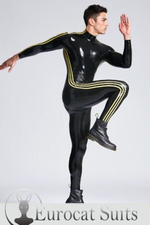 eurocat latex Male 'Triple-Striper' Shoulder-Zipper Catsuit