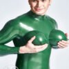Latex Sexy Male Inflated Boobs Catsuit main color is Metallic Green