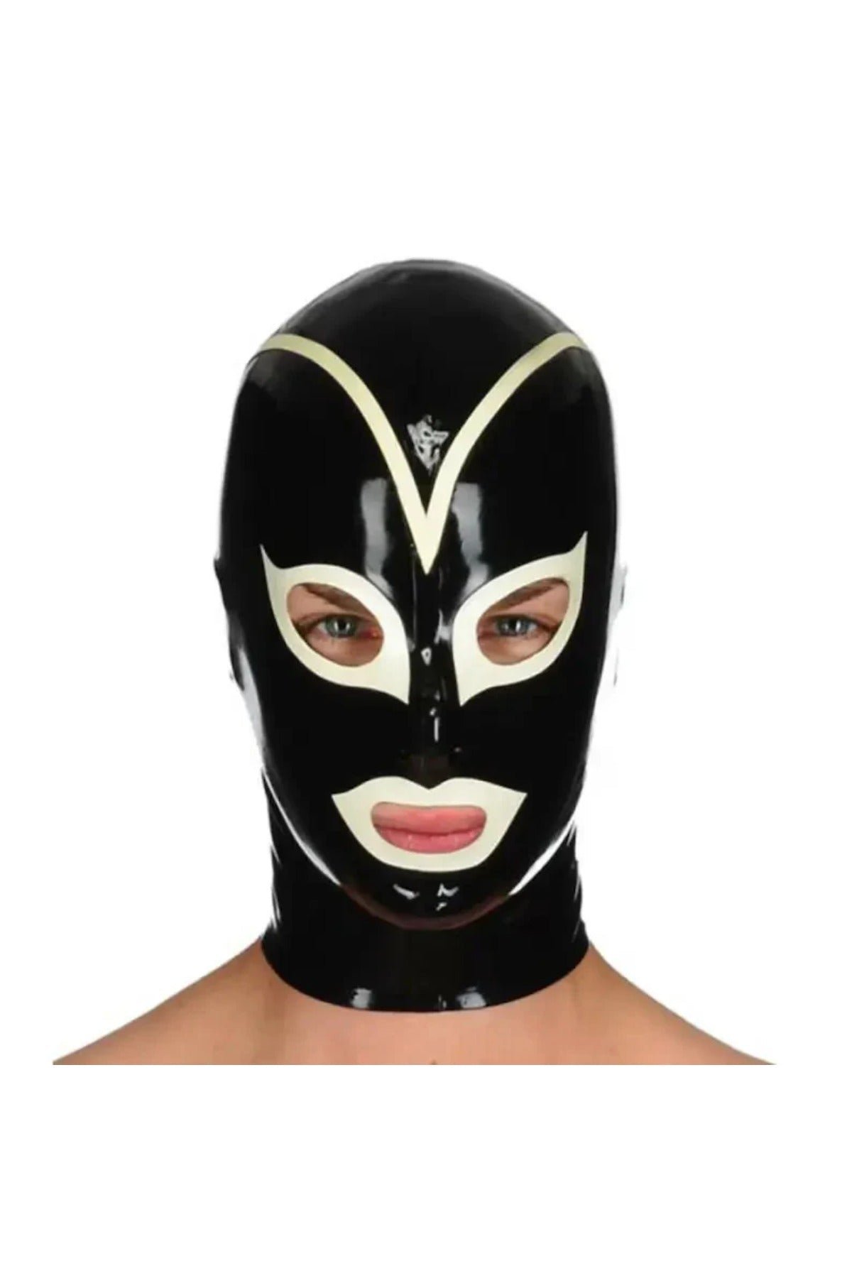 Latex hood in black and white with rear zipper