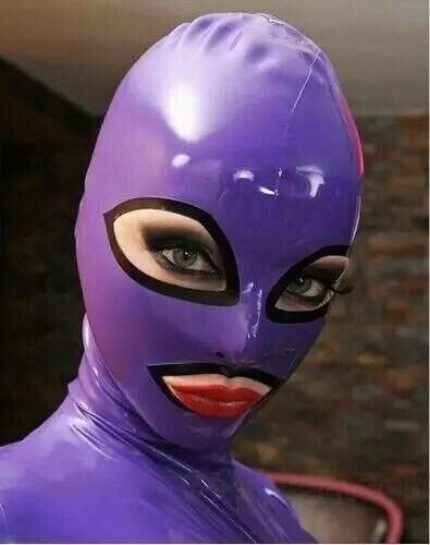 Purple Latex Hood with Black Trim Back Zipper Rubber Mask Beautiful Girl Wear