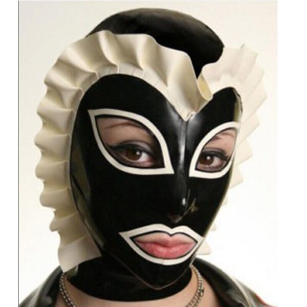 Latex Hood with Lace Trim on Face Back Zipper Handmade Rubber Mask Cosplay Wear